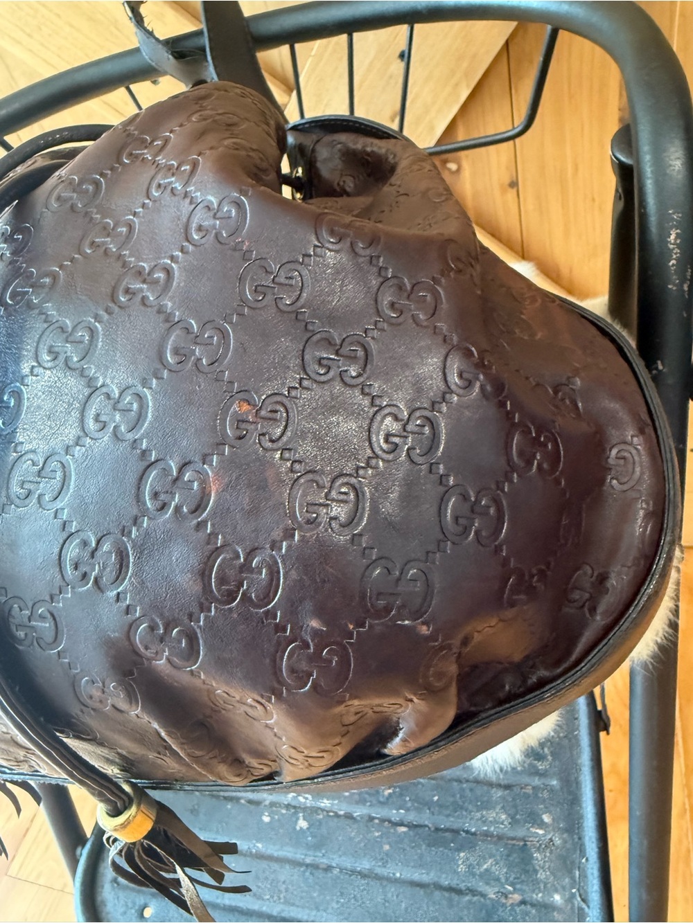 Gucci Dark Brown Embossed Leather Drawstring Hobo Bag - Picture 6 of 10